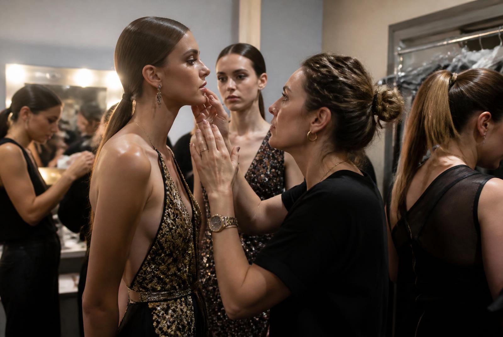 Models being prepped backstage with stylists and garment racks