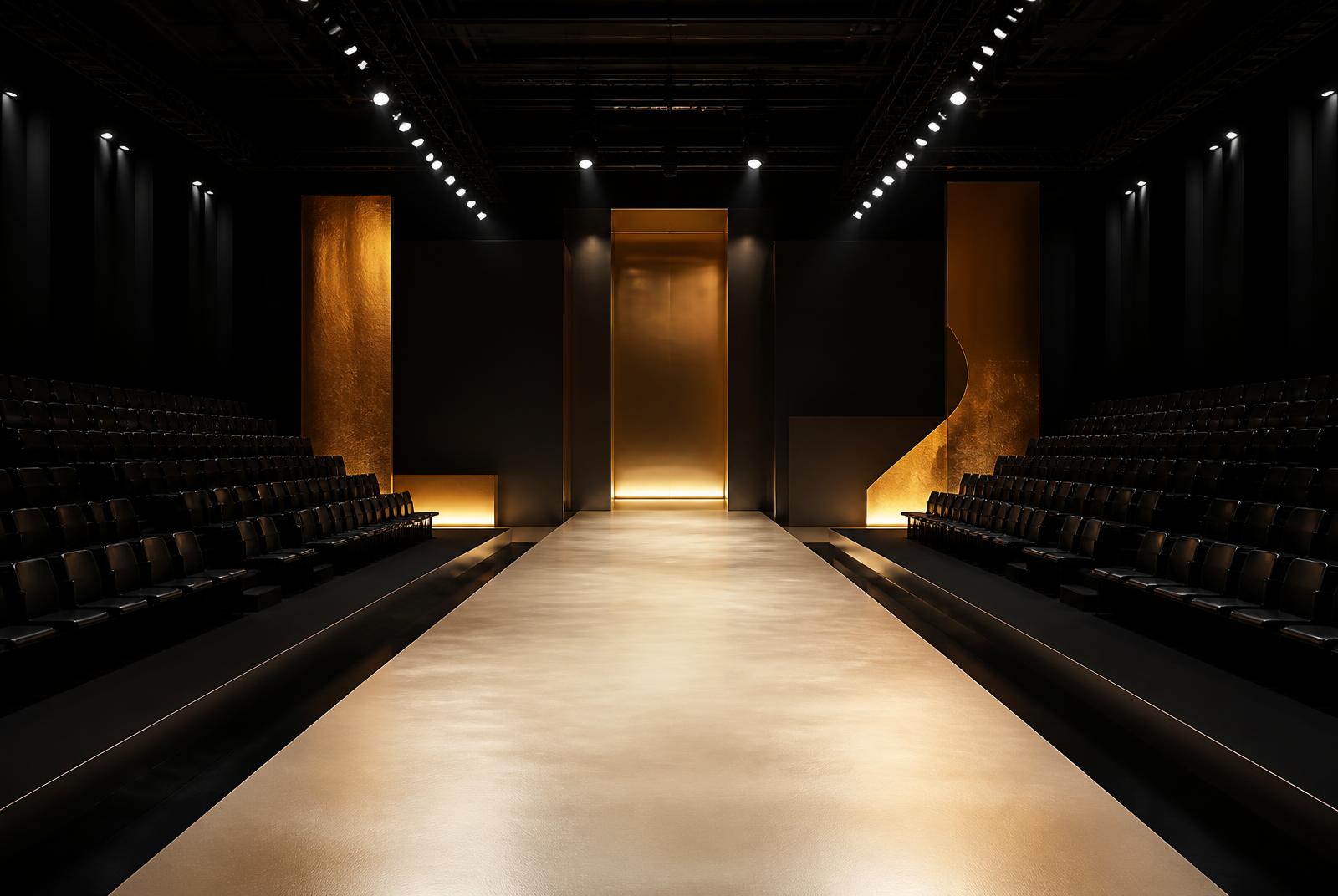 Empty runway stage with dramatic spotlights before the show