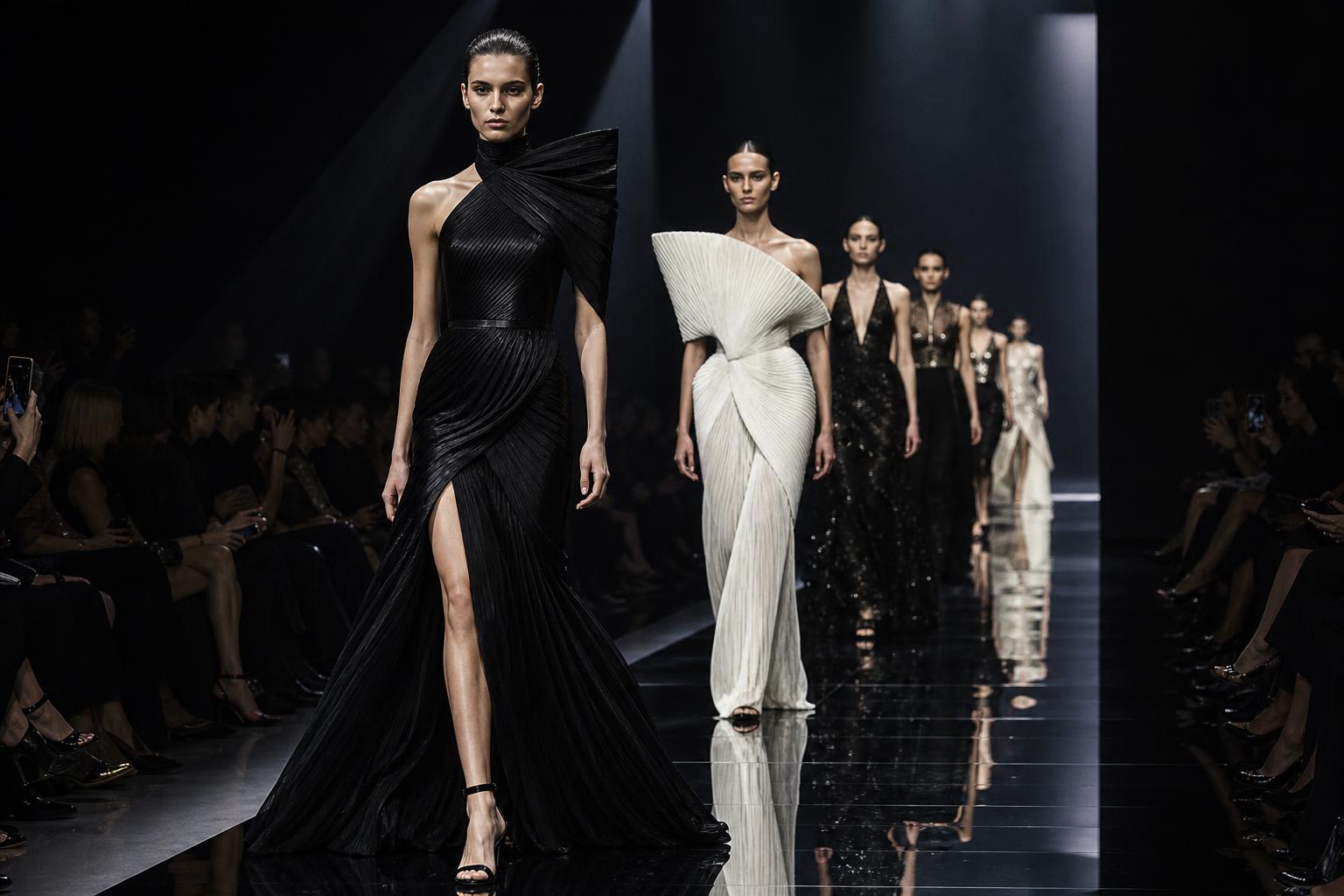 Models walk a glossy runway at an elite fashion week event